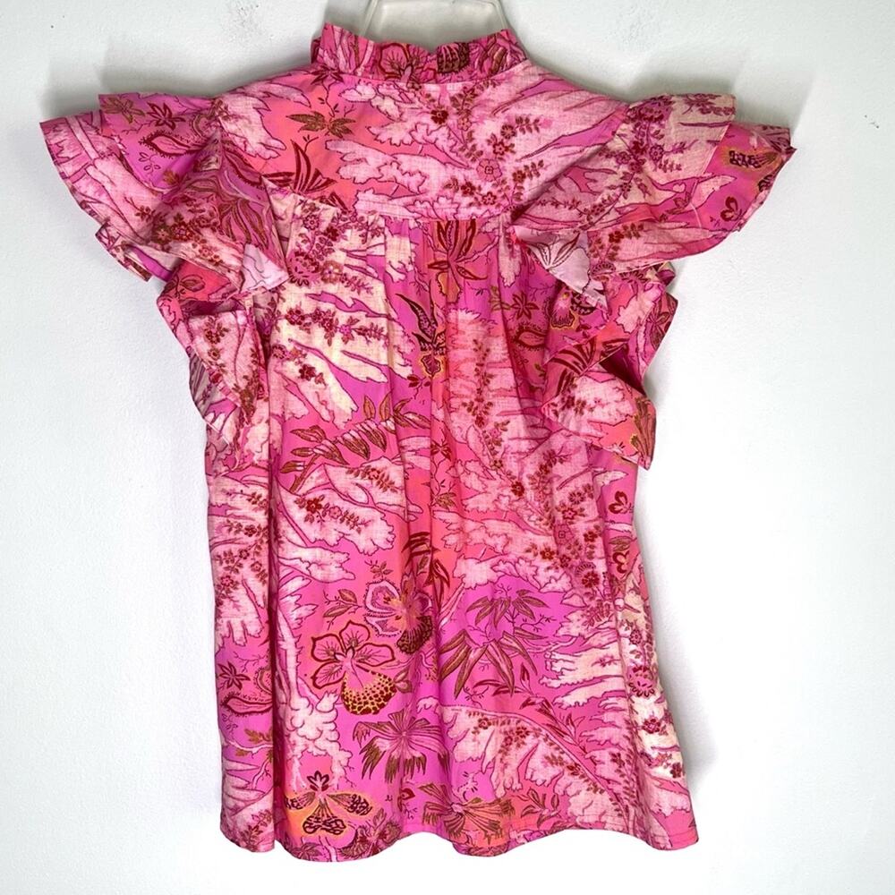 New Ulla Johnson Lei Ruffled Printed Cotton-poplin Blouse In Camellia Pink Sz 0 - Picture 2 of 6
